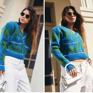 Zara Metallic Thread Argyle Knit Sweater L